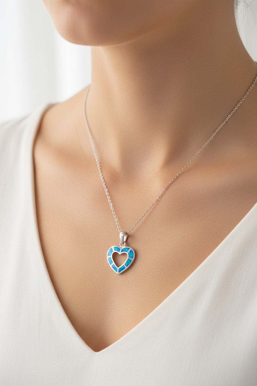 Blue Opal Sterling Silver Heart Necklace - view 2