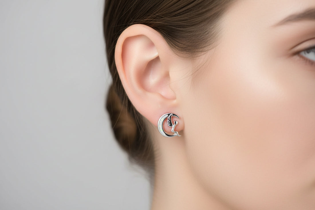 Sterling Silver Opal Angel Sitting on the Moon Stud Earrings