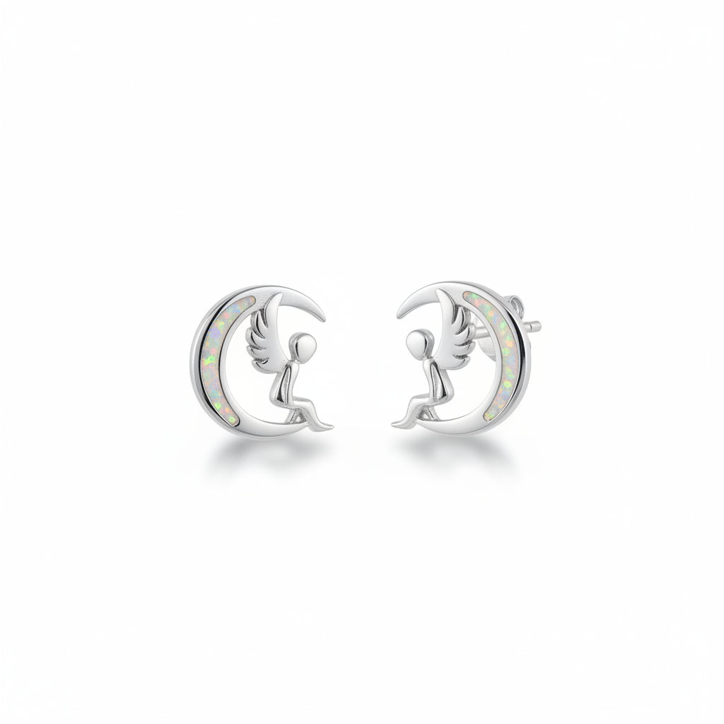 Sterling Silver Opal Angel Sitting on the Moon Stud Earrings - view 3