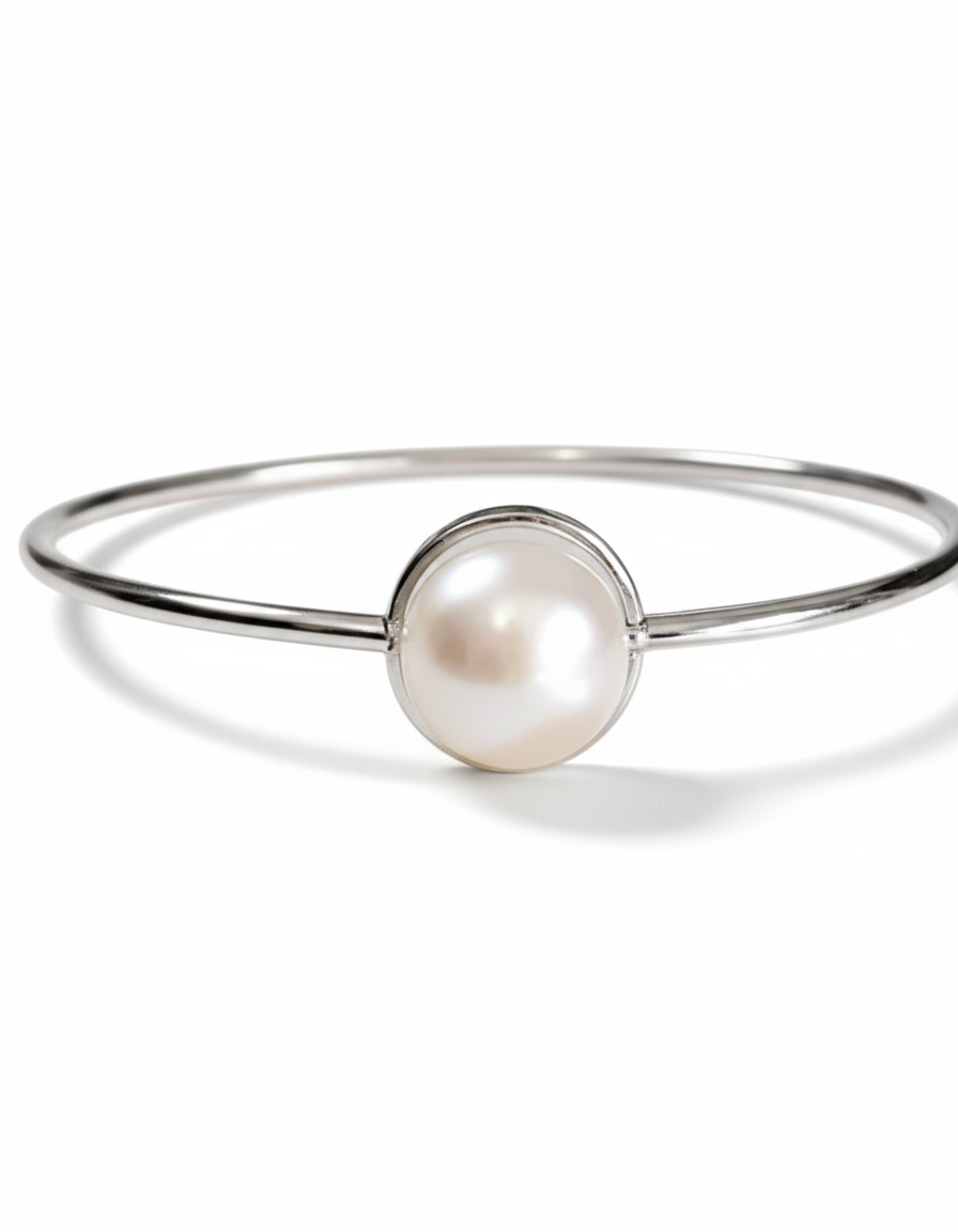 Sterling Silver 925 Halo Fresh Water Pearl Bangle Bracelet - view 2