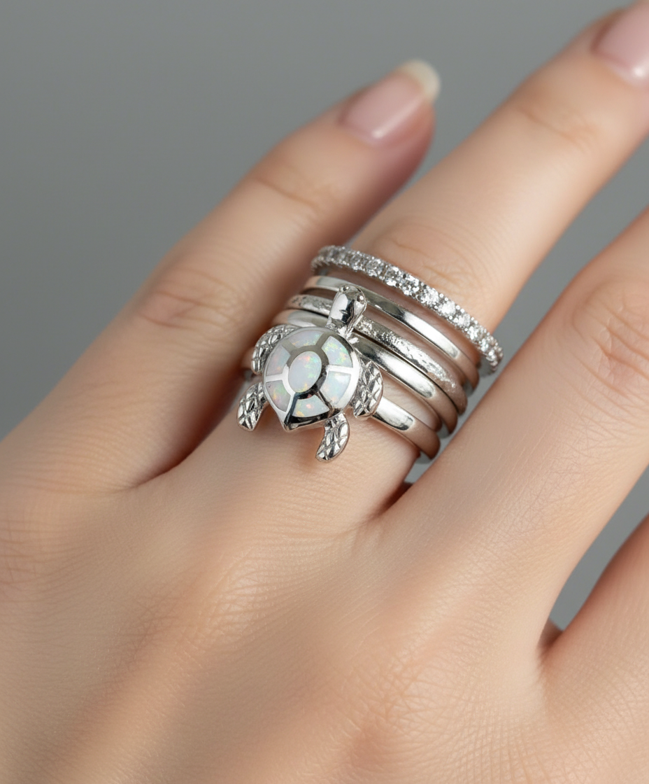 Sterling Silver White Opal Sea Turtle Ring - view 4