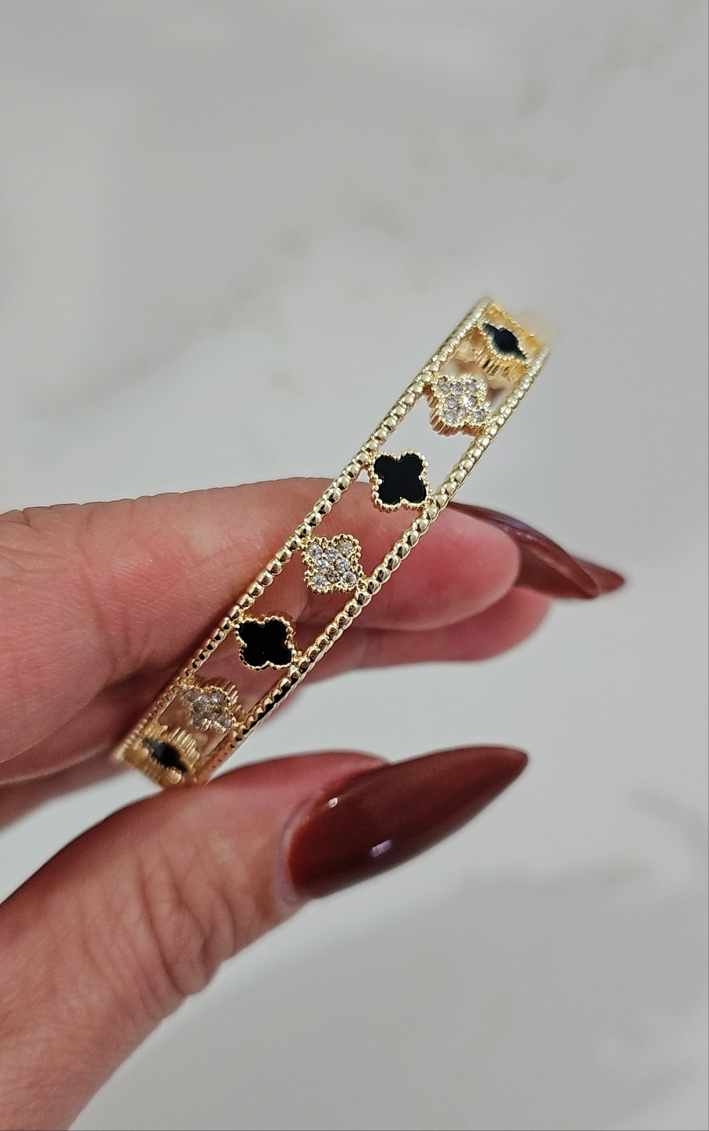 Gold Black & Mother of Pearl Flower Bangle Bracelet - view 5