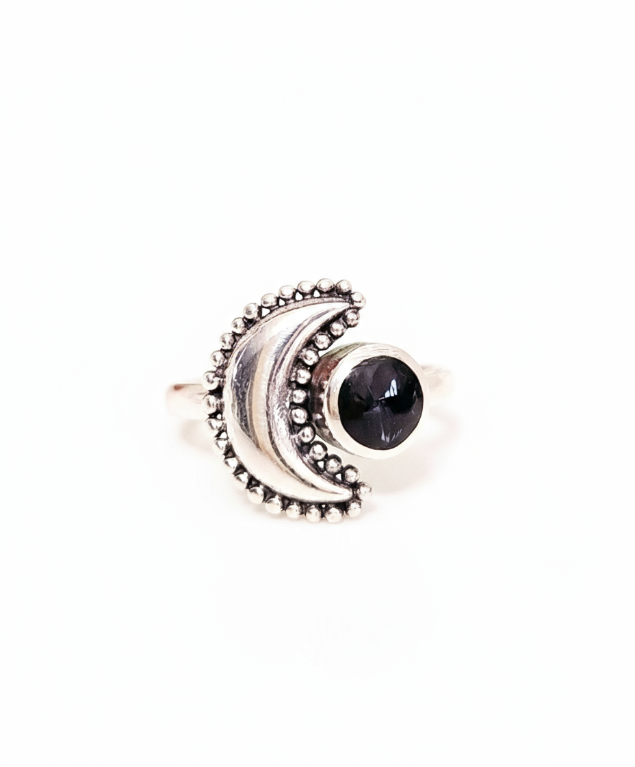 Sterling Silver Crescent Black Onyx Moon Ring