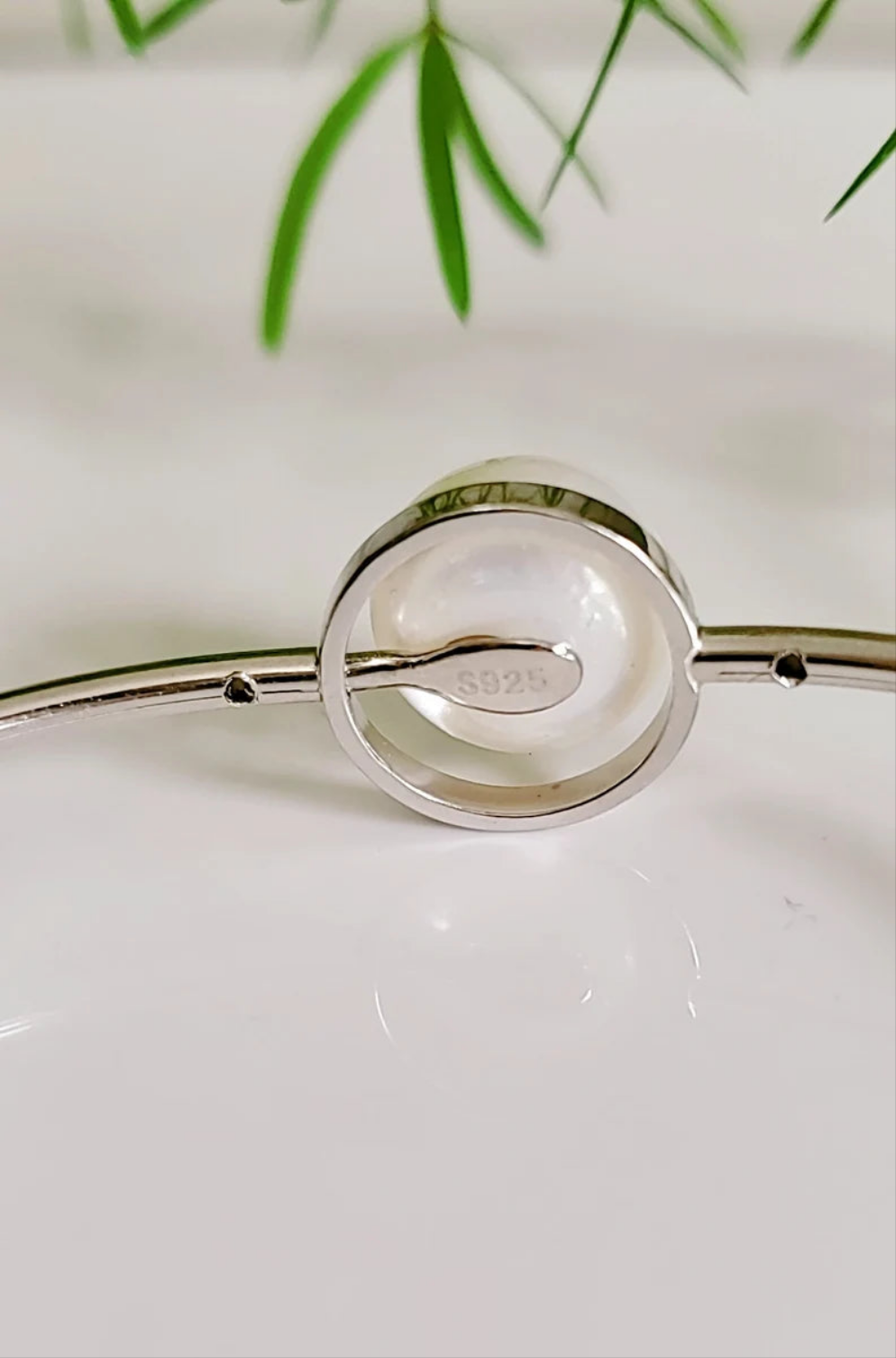 Sterling Silver 925 Halo Fresh Water Pearl Bangle Bracelet - view 6