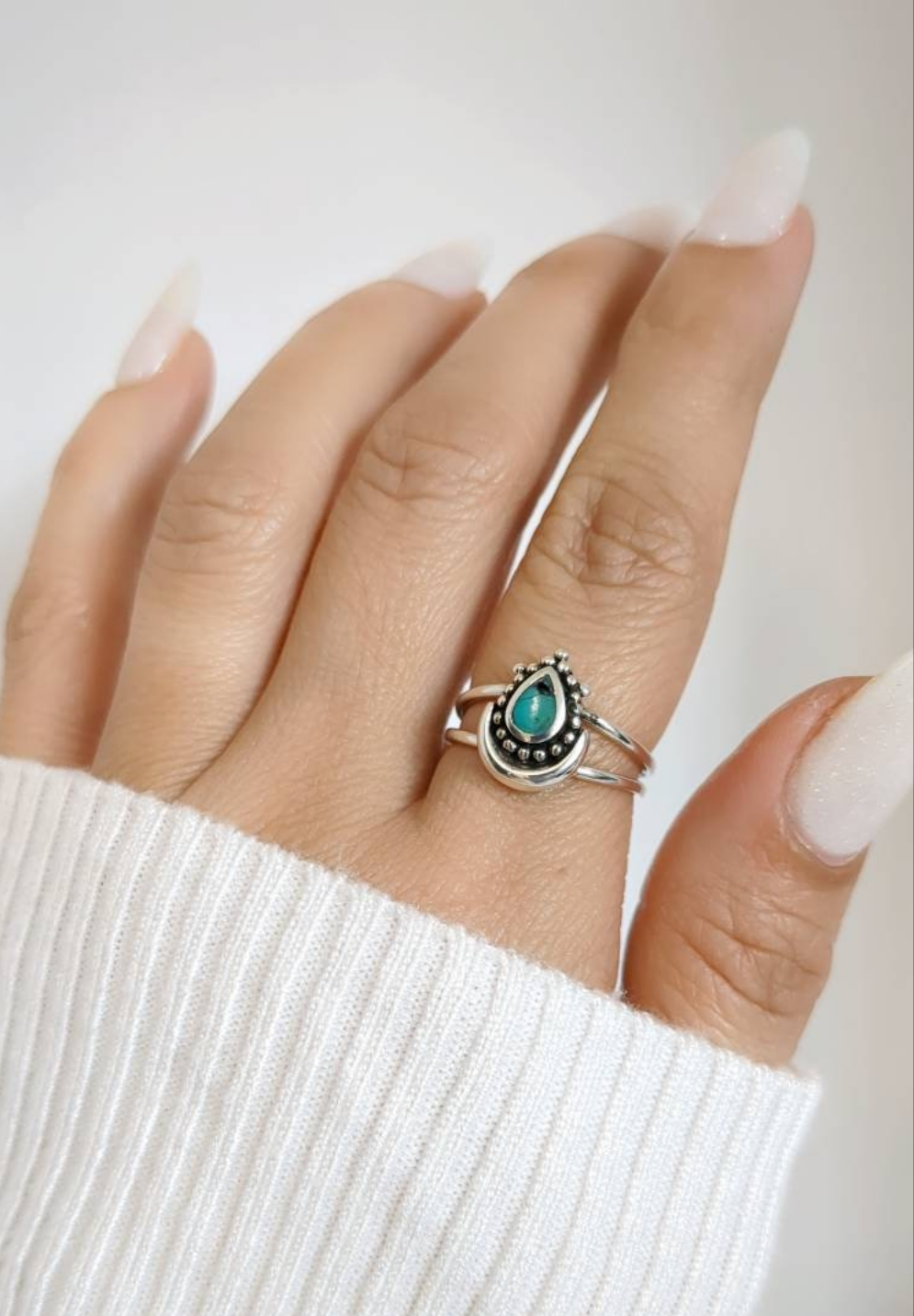 Sterling Silver Turquoise Beaded Crescent Moon Ring - view 9