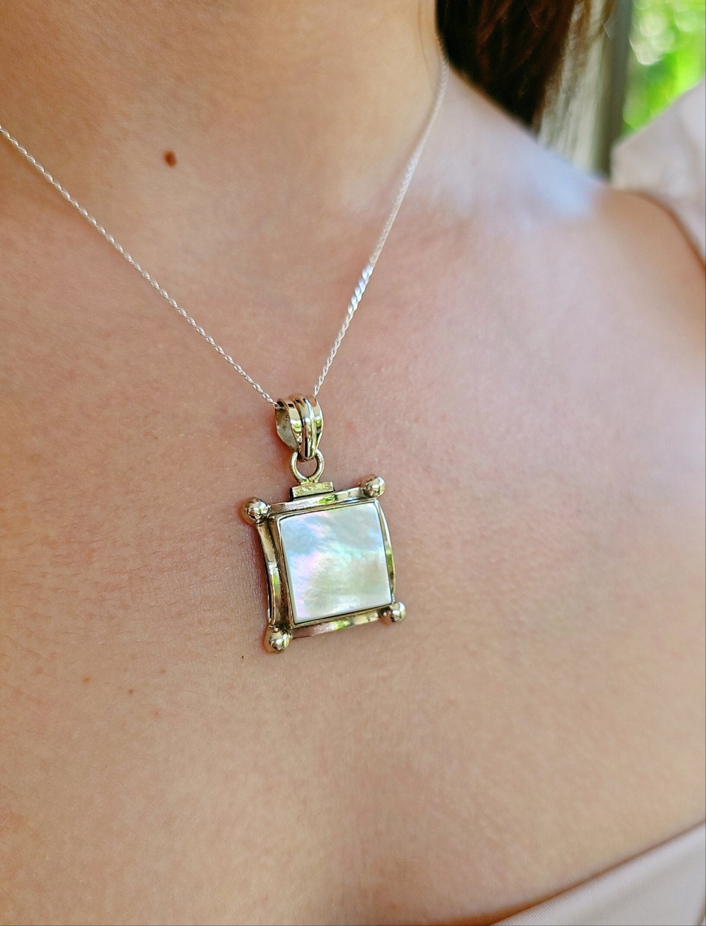 Sterling Silver Natural Mother of Pearl Pendant Necklace - view 6