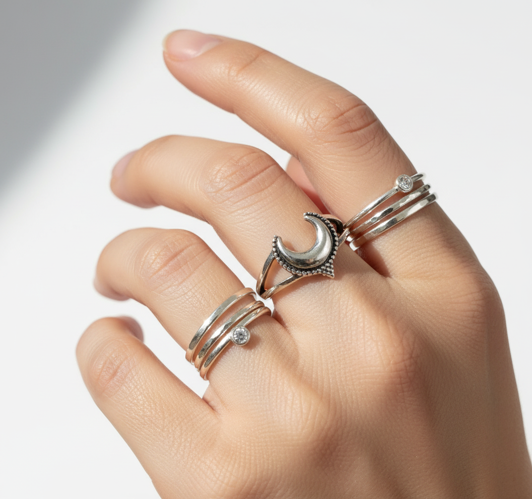 Sterling Silver Crescent Bali Beaded Moon Ring - view 2