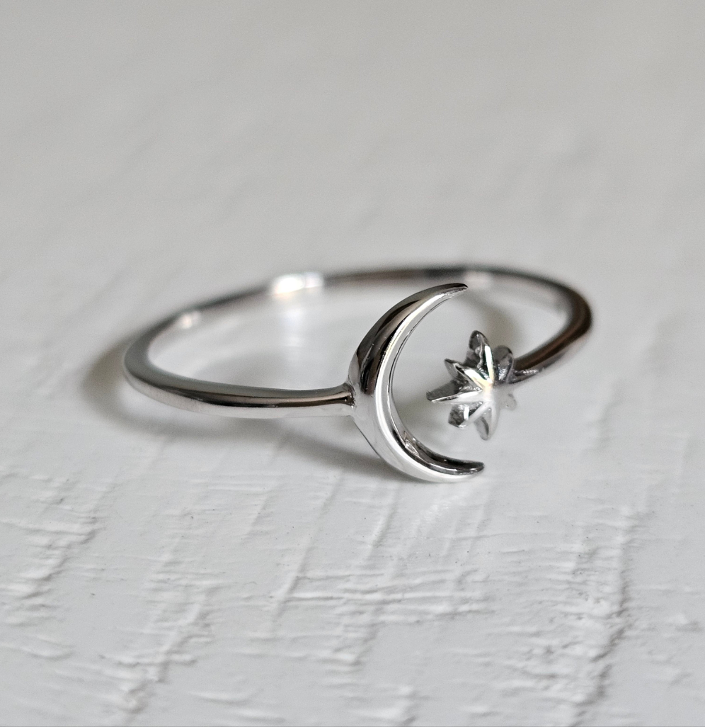 Sterling Silver Thin Crescent Moon Star Ring - view 4