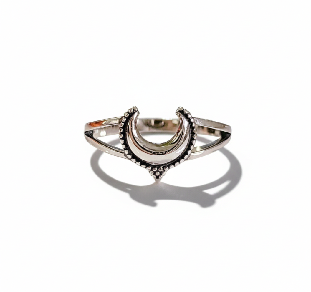 Sterling Silver Crescent Bali Beaded Moon Ring