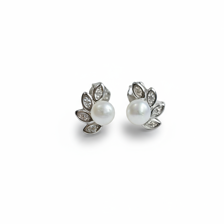 Sterling Silver 925 Dainty Pearl Fan Stud Earrings