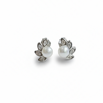 Sterling Silver 925 Dainty Pearl Fan Stud Earrings