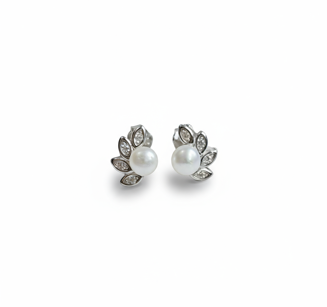 Sterling Silver 925 Dainty Pearl Fan Stud Earrings - view 7