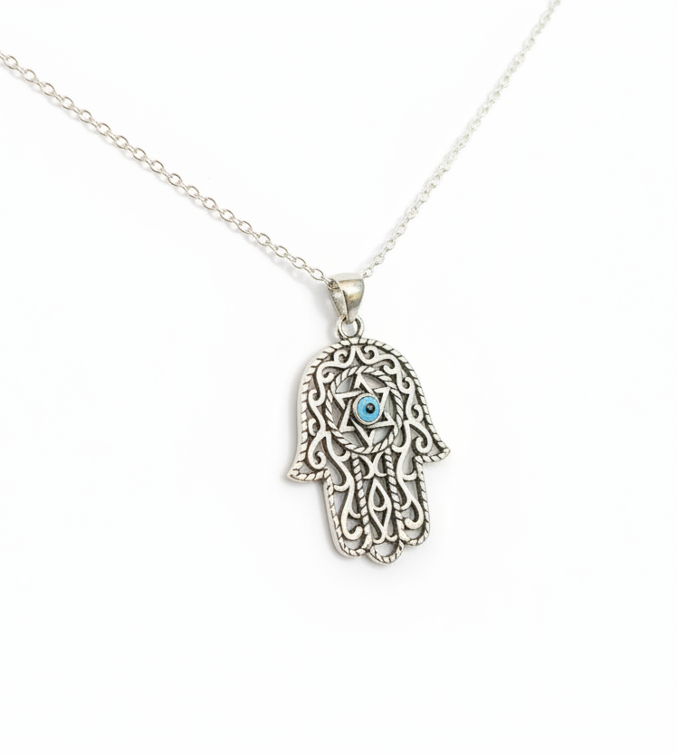 Sterling Silver Evil Eye Hamsa Necklace Chain