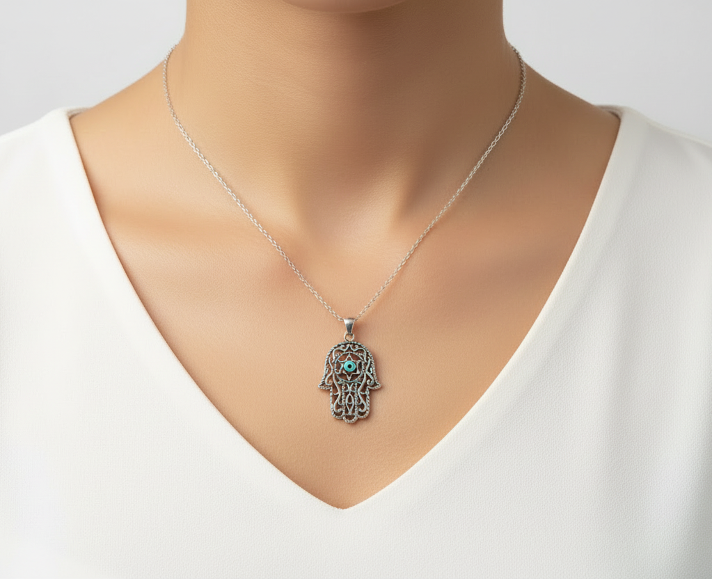 Sterling Silver Evil Eye Hamsa Necklace Chain - view 2
