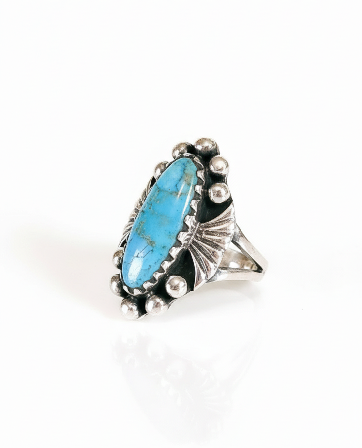 Sterling Silver Vintage Oval Turquoise Bali Ring