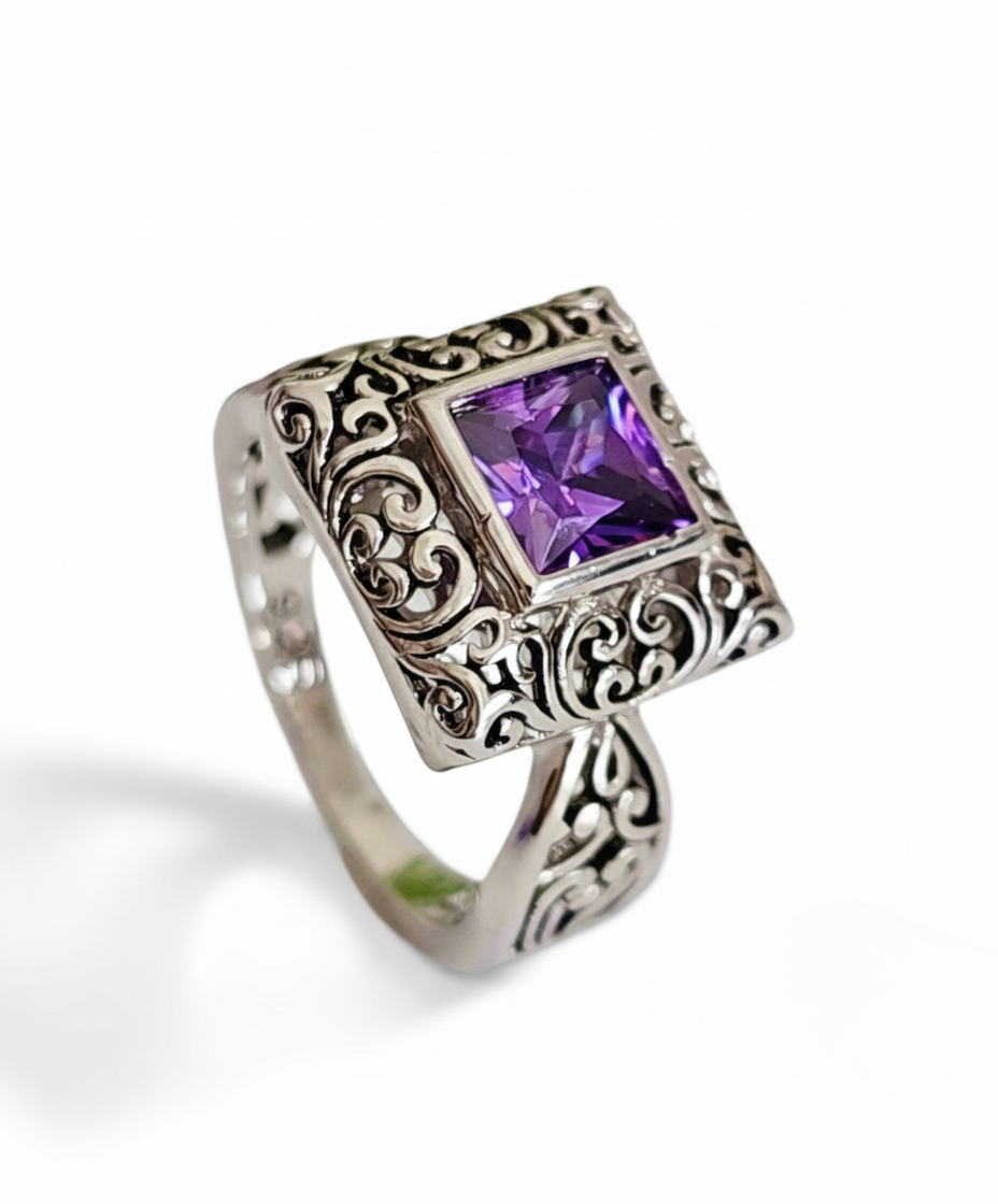 Sterling Silver Bali Square Princess Cut Amethyst Ring - view 6