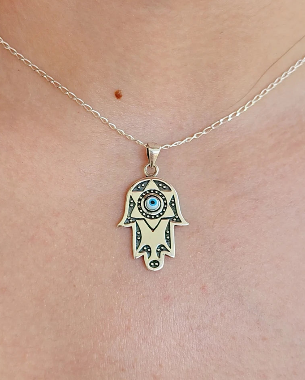 Sterling Silver Mother of Pearl Evil Eye Pendant Necklace - view 3