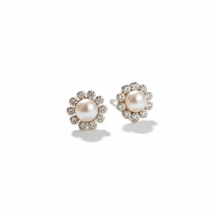 Sterling Silver 925 Fresh Water Pearl Flower Stud Earrings