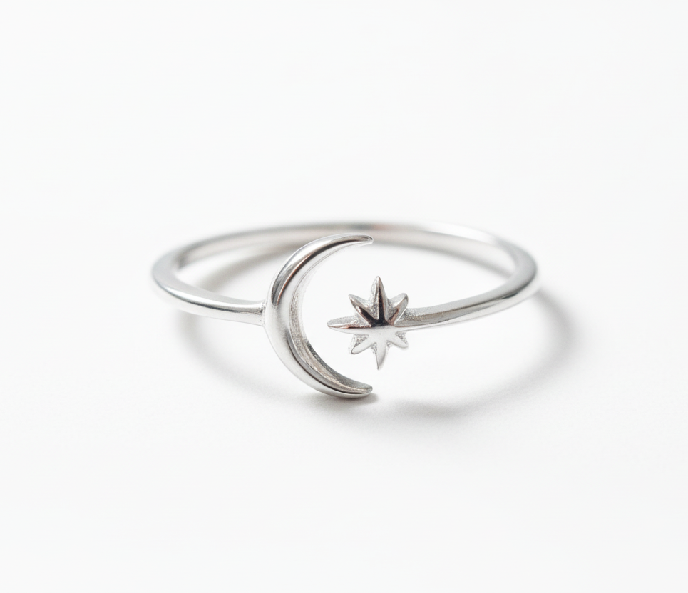 Sterling Silver Thin Crescent Moon Star Ring