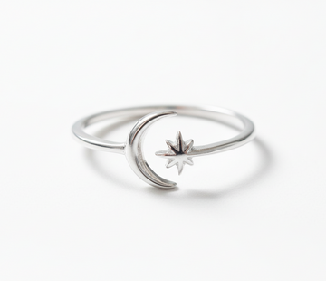 Sterling Silver Thin Crescent Moon Star Ring