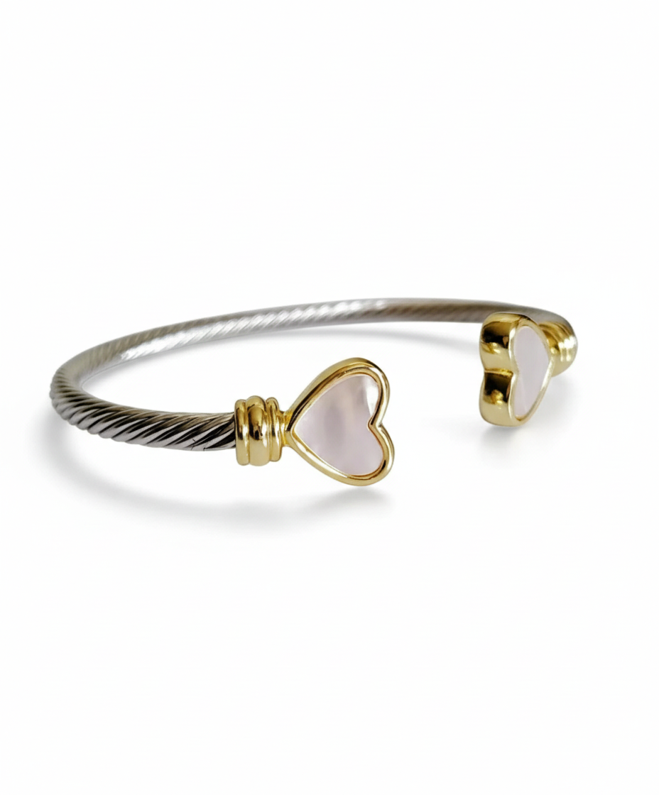 Silver Mother of Pearl Heart Bangle Bracelet - view 2