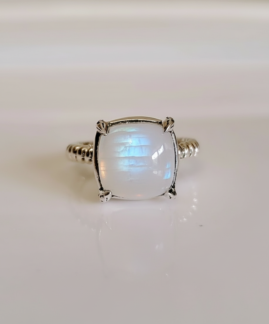Sterling Silver Natural Rainbow Moonstone Ring