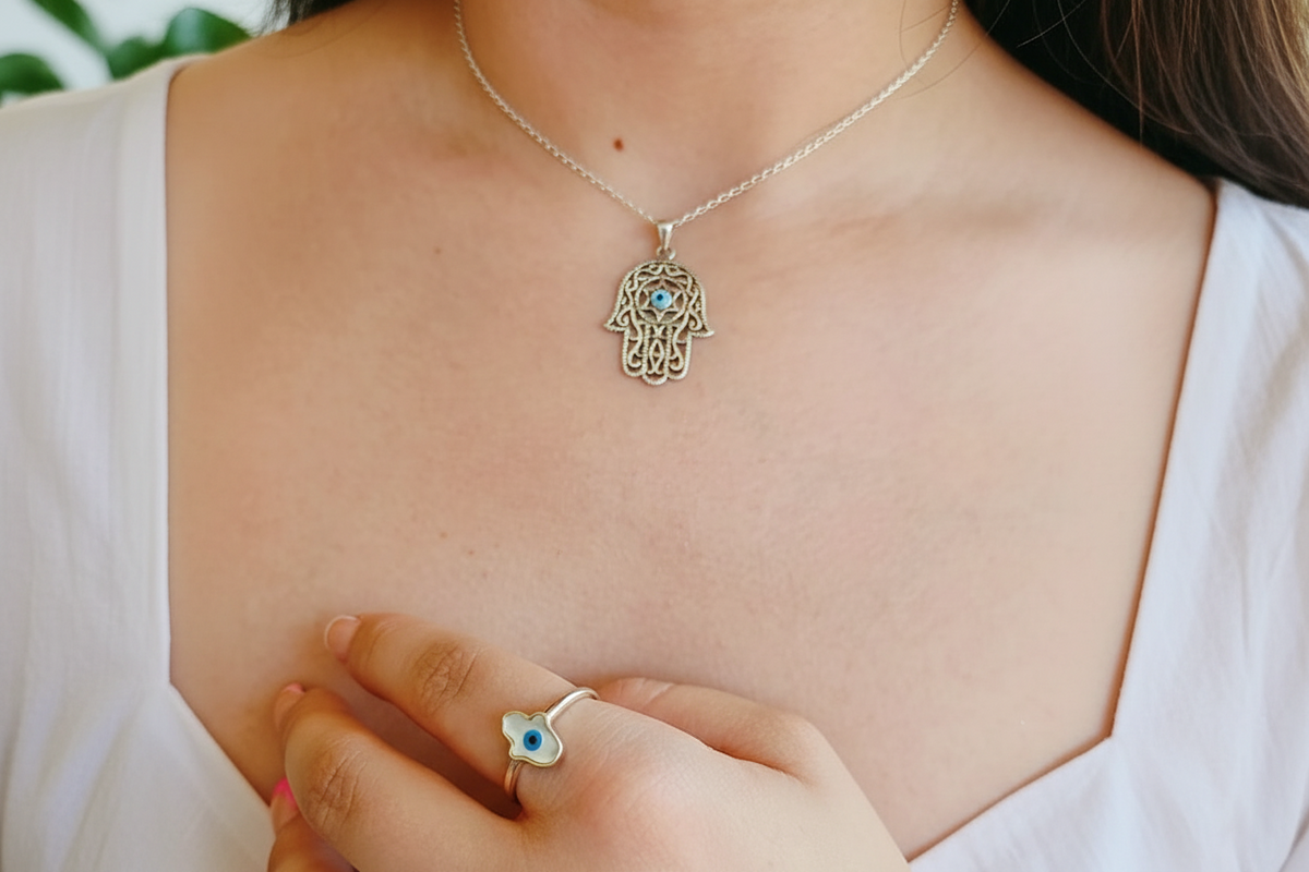 Sterling Silver Evil Eye Hamsa Necklace Chain - view 5