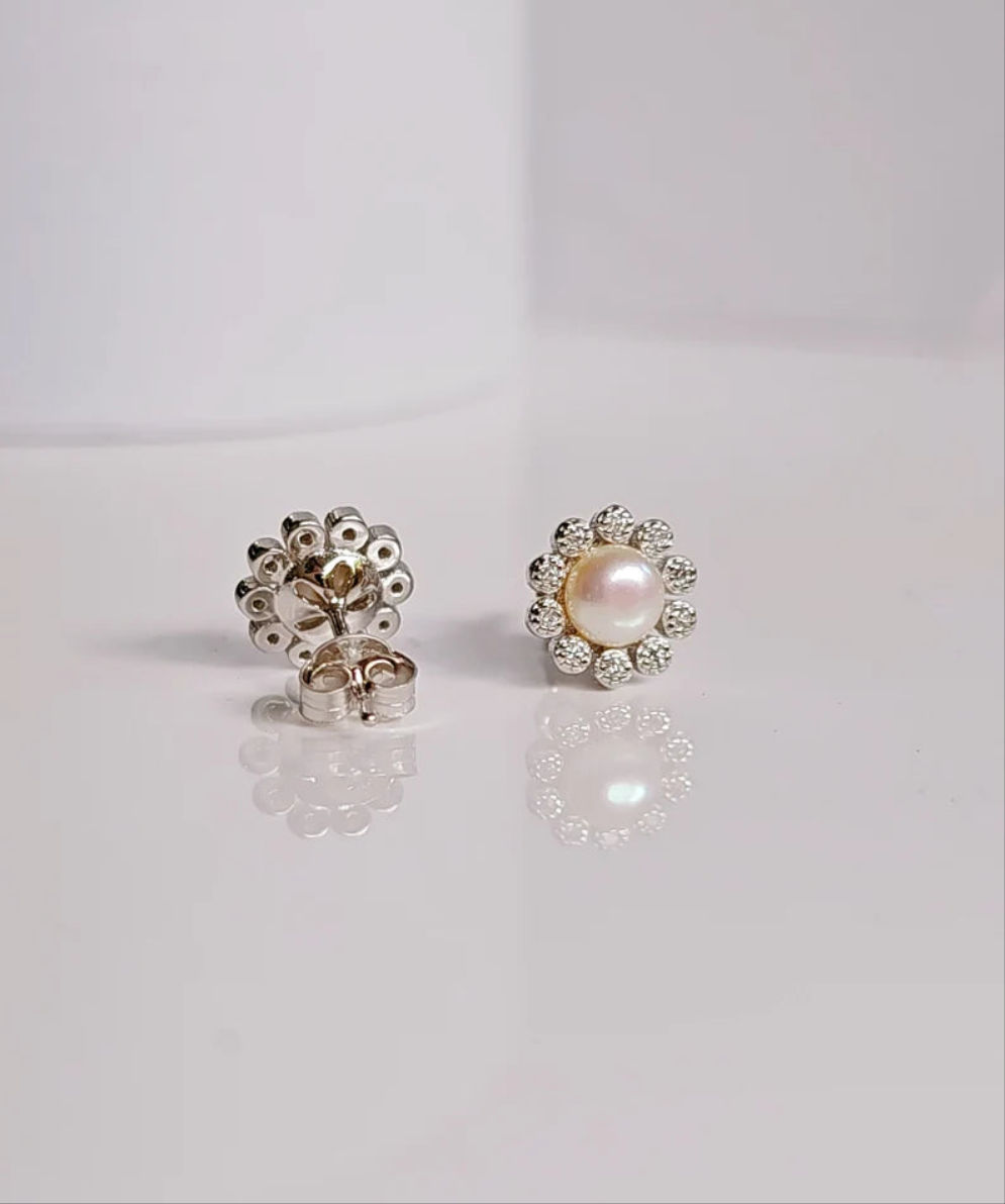Sterling Silver 925 Fresh Water Pearl Flower Stud Earrings - view 3