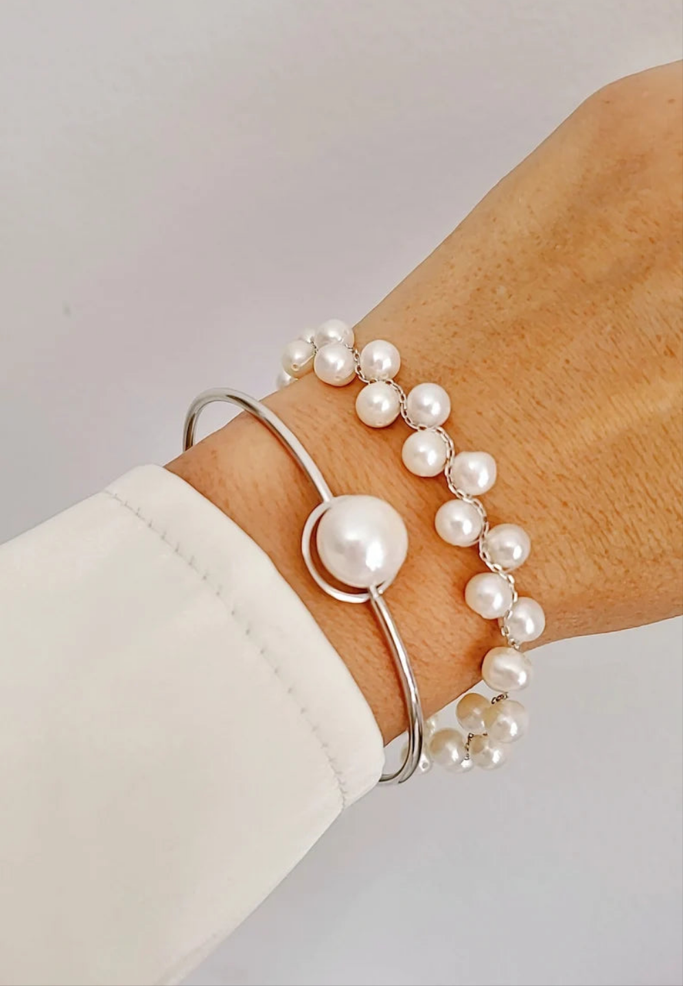 Sterling Silver 925 Halo Fresh Water Pearl Bangle Bracelet