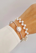 Sterling Silver 925 Halo Fresh Water Pearl Bangle Bracelet