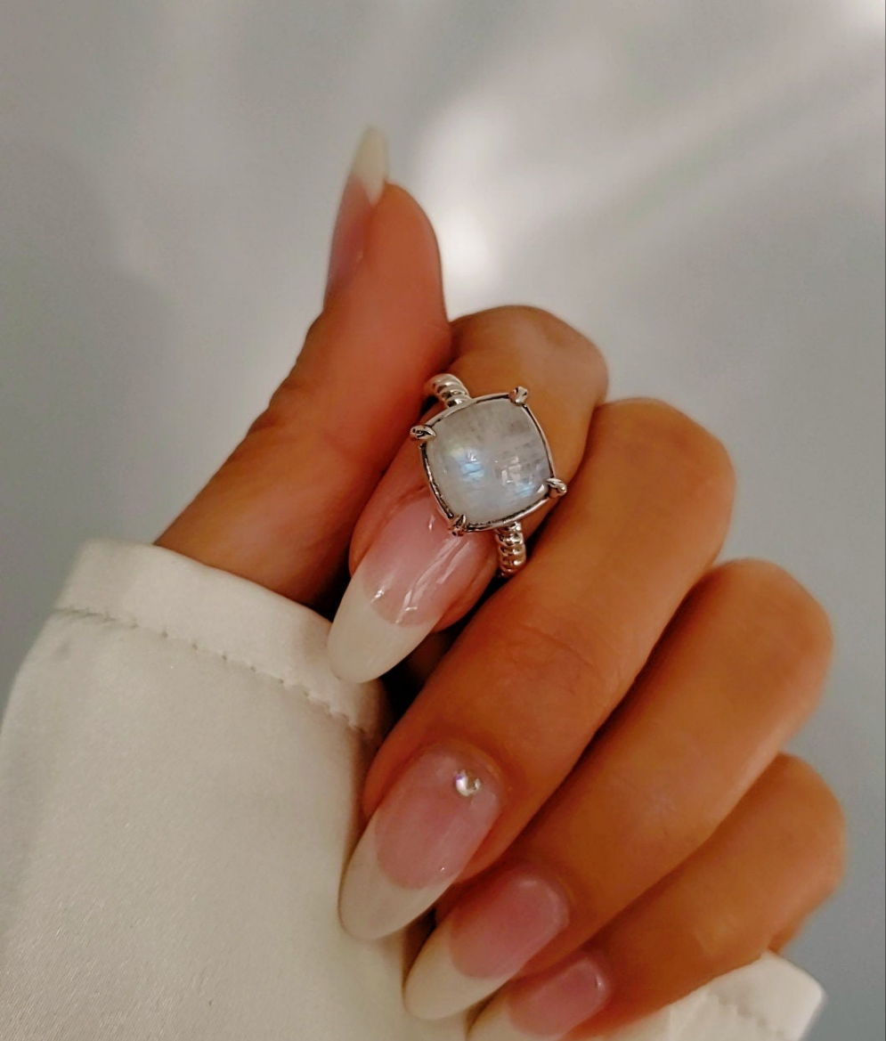 Sterling Silver Natural Rainbow Moonstone Ring - view 8