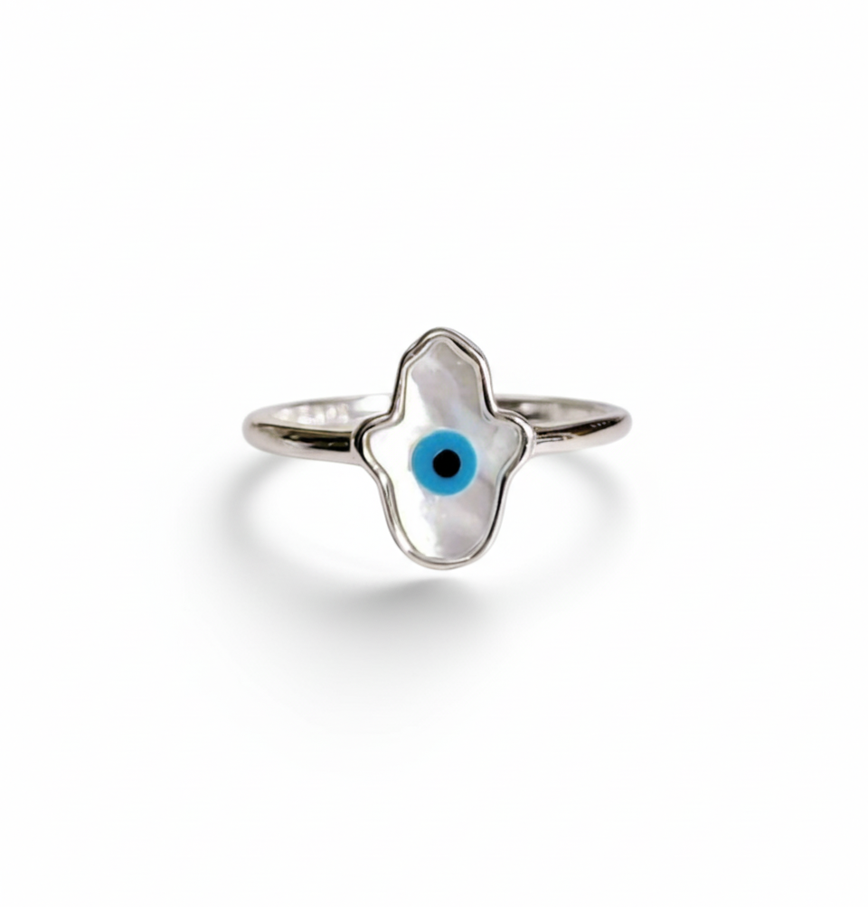 Sterling Silver Mother of Pearl Hamsa Evil Eye Hand Ring