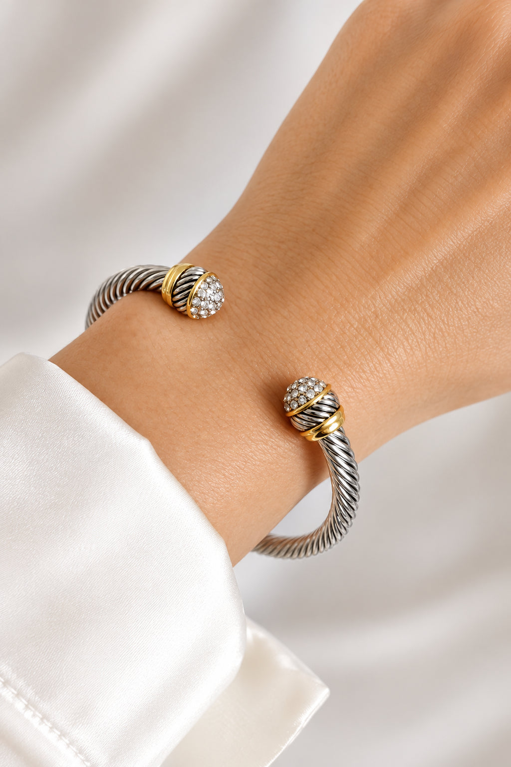 Silver Dome Adorn with Crystals Bangle Bracelet - view 3