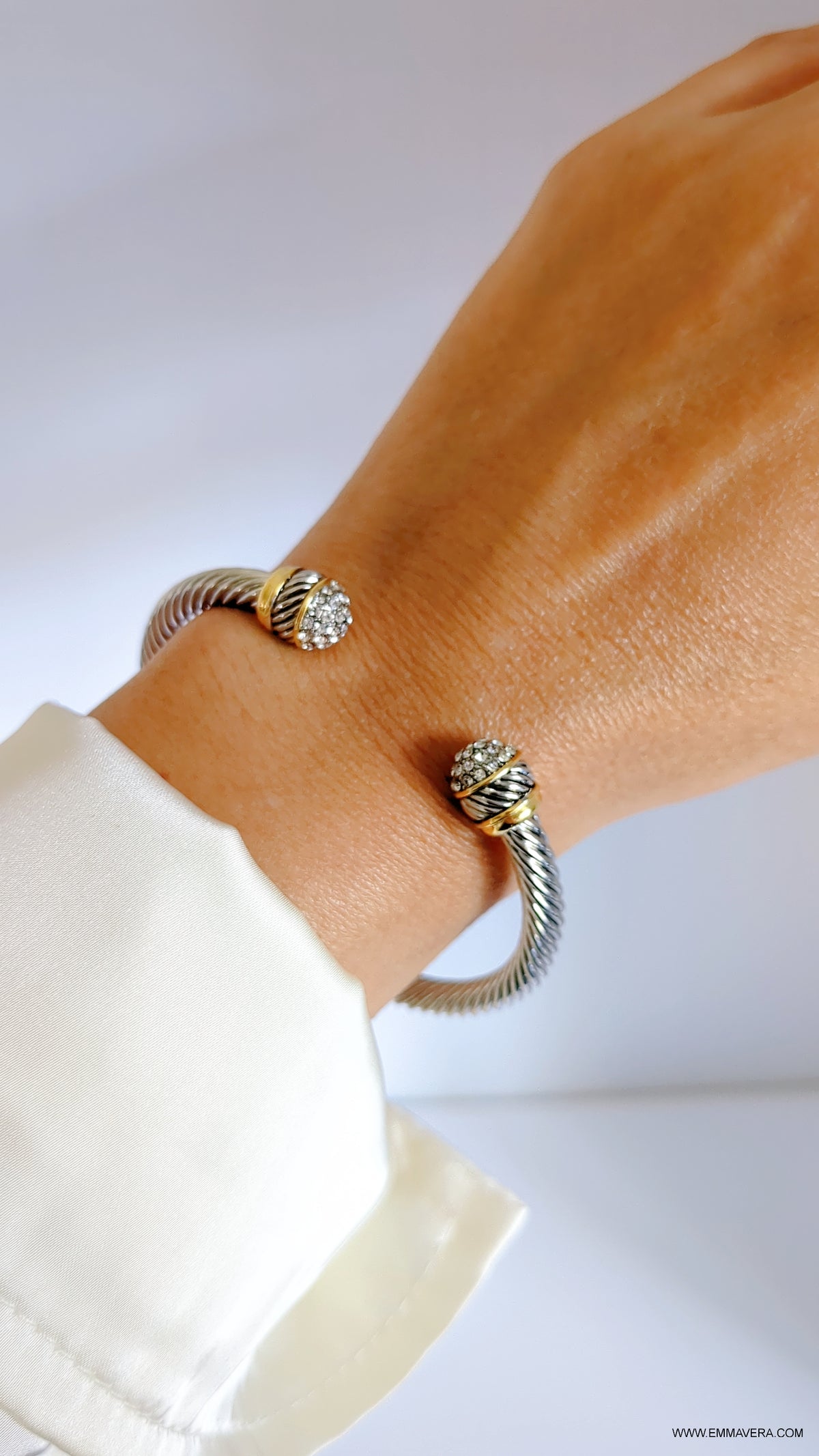 Silver Dome Adorn with Crystals Bangle Bracelet - view 2