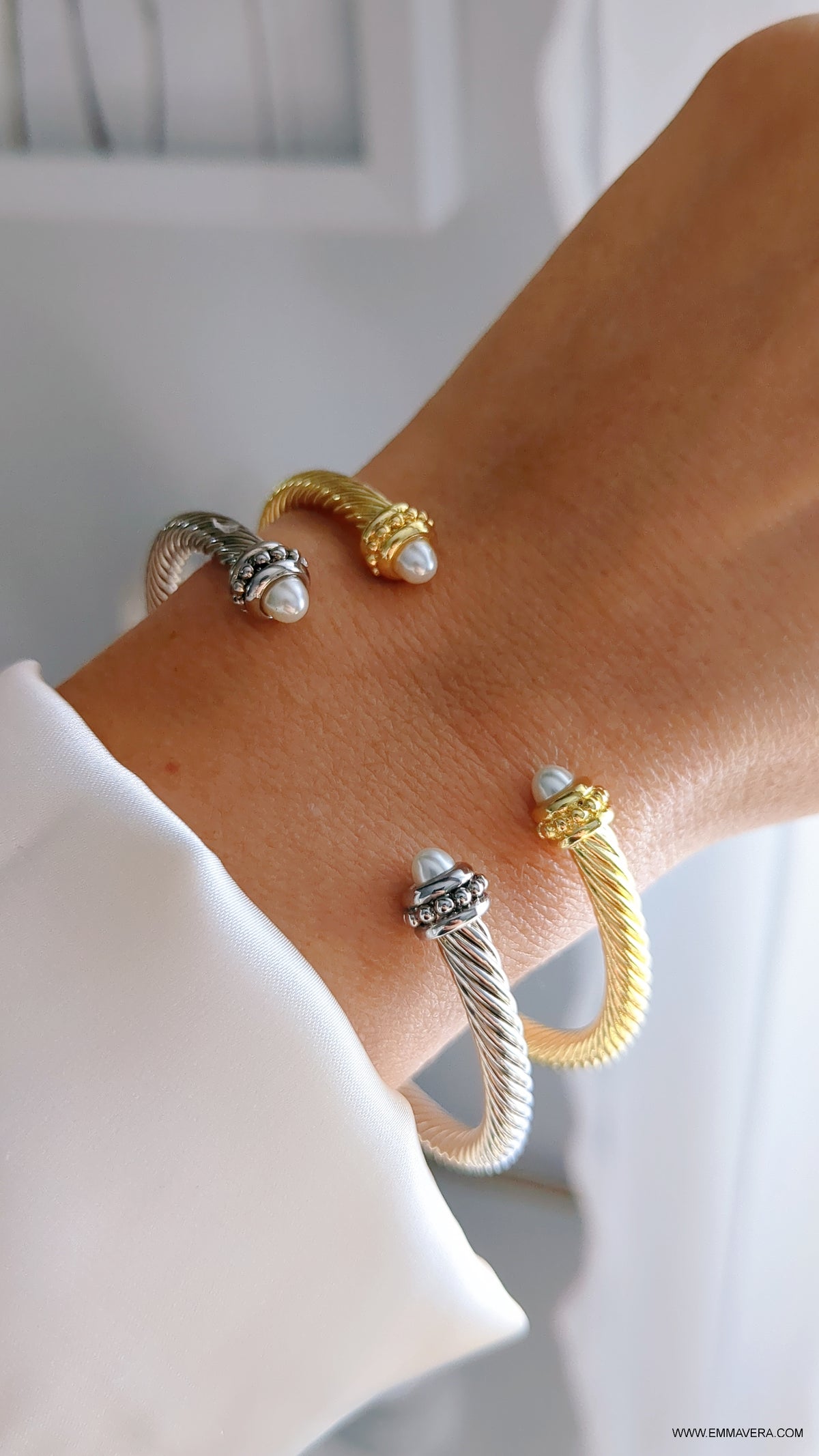 Silver Cable Pearl Bangle Bracelet - view 5