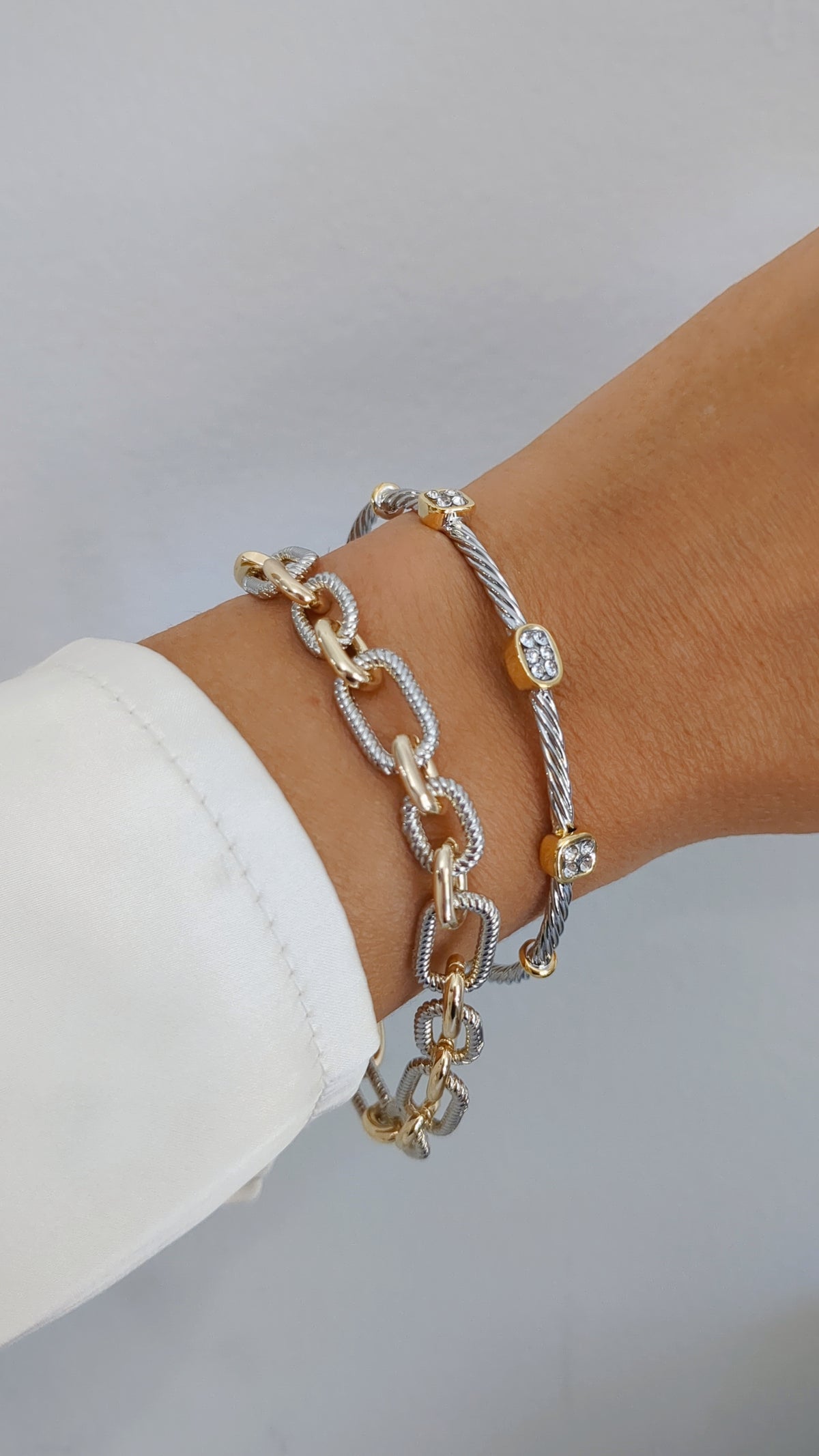 Two Tone Dainty Cable Bracelet Bangle - view 5