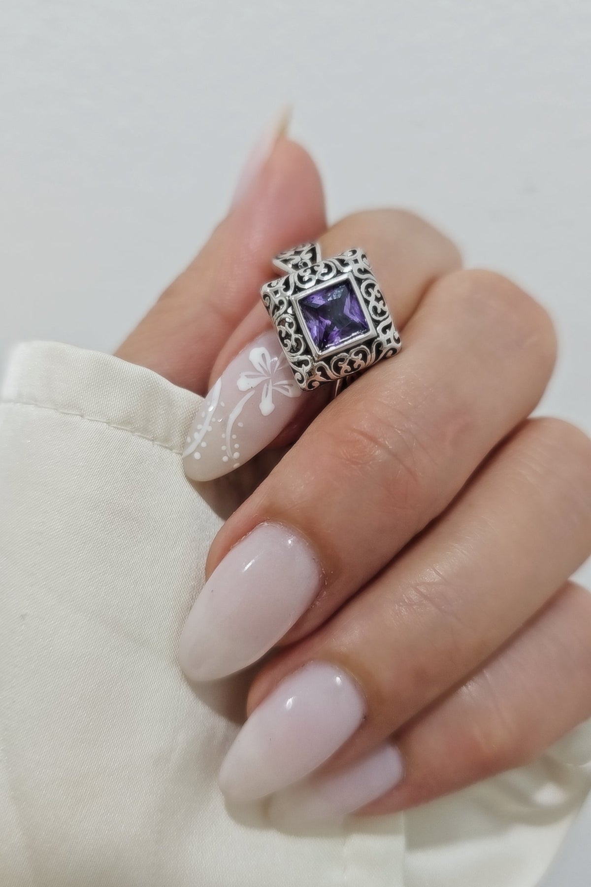Sterling Silver Bali Square Princess Cut Amethyst Ring - view 5