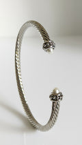 Silver Cable Pearl Bangle Bracelet - view 3