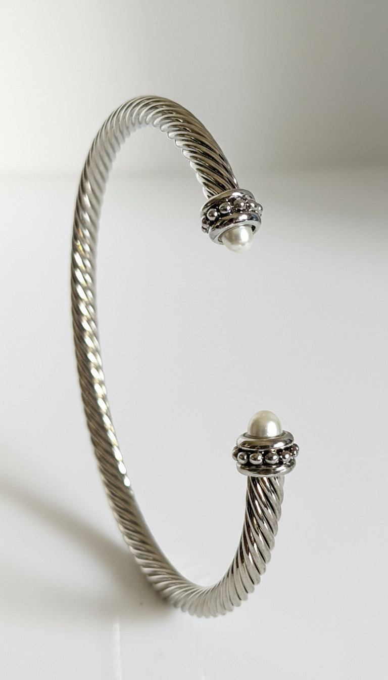 Silver Cable Pearl Bangle Bracelet - view 3