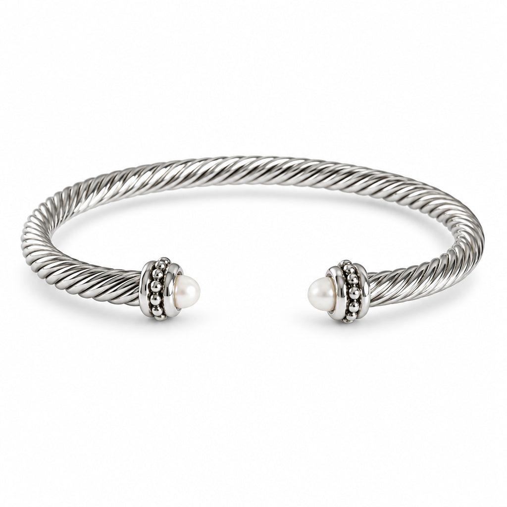 Silver Cable Pearl Bangle Bracelet