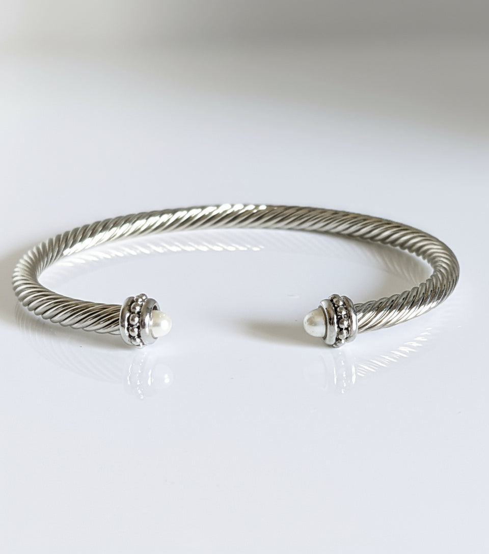 Silver Cable Pearl Bangle Bracelet