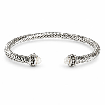 Silver Cable Pearl Bangle Bracelet