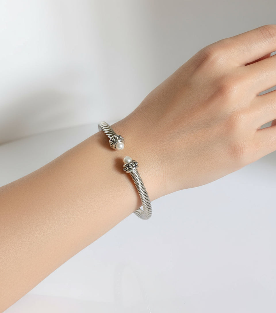 Silver Cable Pearl Bangle Bracelet - view 2