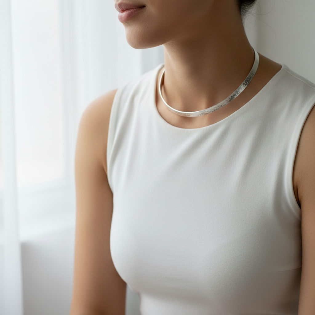 Sterling Silver Bold Flat Hammered Choker Necklace