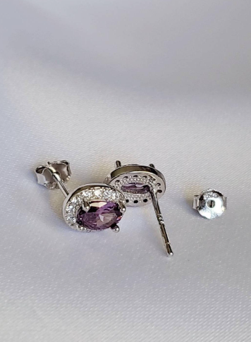 Amethyst Halo Oval Sterling Silver Earrings - view 3
