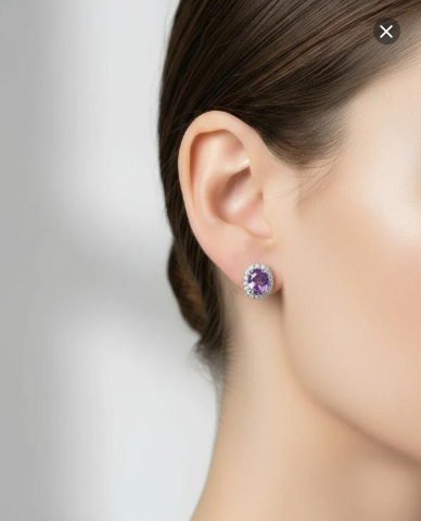 Amethyst Halo Oval Sterling Silver Earrings