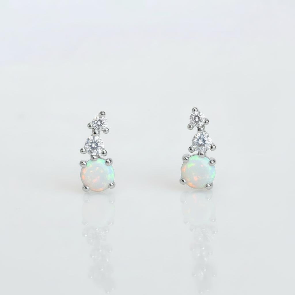 Sterling Silver Dainty White Opal, Larimar, Moonstone Stud Earrings - view 3