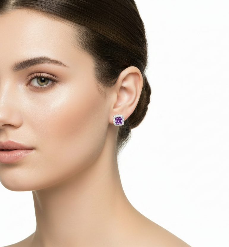 Amethyst Halo Large Sterling Silver Earrings - view 2