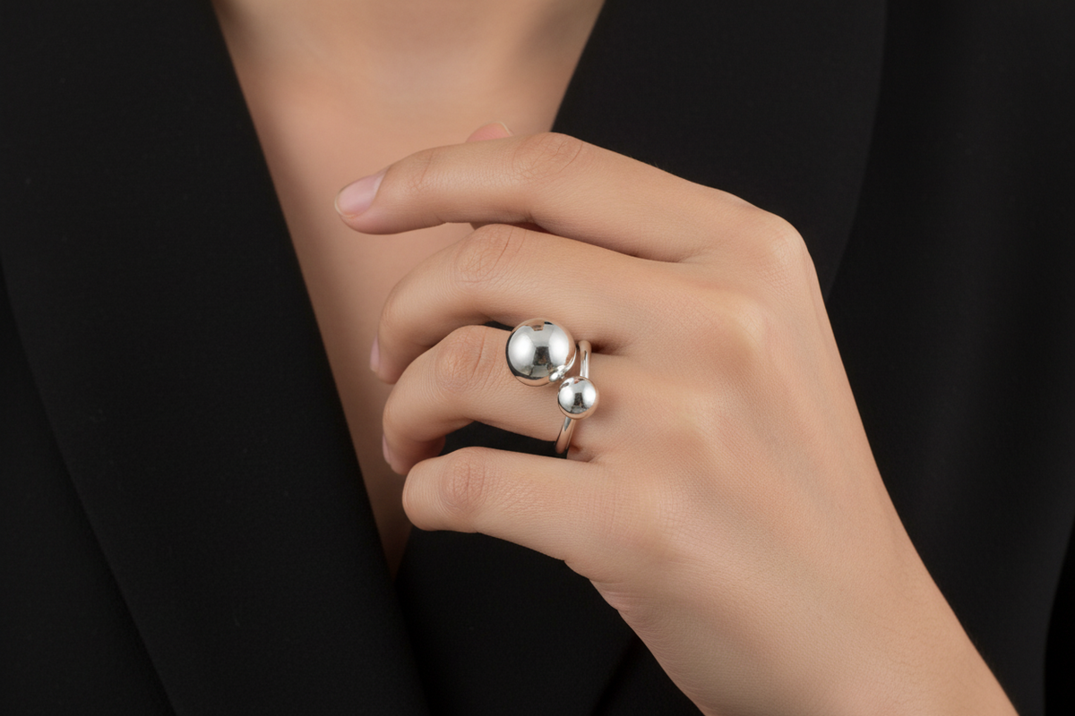 Sterling Silver Bold Sphere Geometric Ring - view 2