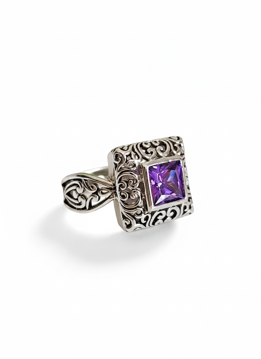 Sterling Silver Bali Square Princess Cut Amethyst Ring